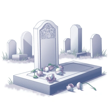 A solitary tombstone stands prominently in the foreground. The stone is engraved with ornate details, showcasing intricate patterns and fading letters. Surrounding the tombstone, several wilting flowers droop, their petals gently lying against the ground. The flowers appear to be in various stages of decay, adding a sense of melancholy to the scene. The graveyard is filled with neatly arranged gravestones in the background, partially obscured by tall grass and weeds, conveying an atmosphere of quiet remembrance.