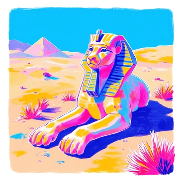 An ancient sphinx statue with a human head and a lion's body is partially buried in golden desert sands. The statue shows intricate carvings and weathered stone, with details of its facial features and a large headdress. Surrounding the sphinx, the vast expanse of the desert is dotted with small dunes and sparse vegetation. The sun casts long shadows, creating a stark contrast between the bright sand and the shadowed areas around the statue. A clear blue sky stretches above, enhancing the warm desert atmosphere.