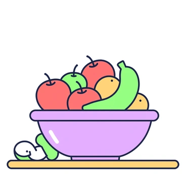 A bowl filled with various fruits, prominently featuring several apples. The bowl is positioned on a wooden table surface. Half of the apples have been removed, creating a clear visual representation of one-half. The remaining apples are red, while other fruits, such as bananas and oranges, are still in the bowl. The setting is well-lit, emphasizing the colors and shapes of the fruits.