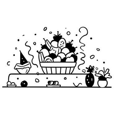 A lively party table centerpiece featuring a festive fruit basket