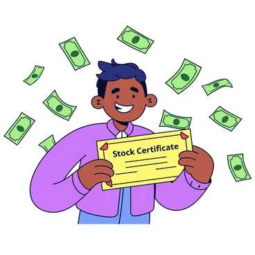 A person with a wide smile and bright eyes, holding a colorful fake stock certificate in one hand. The certificate features ornate borders and is titled "Stock Certificate" in bold letters. Surrounding the person are numerous green dollar bills gracefully falling from above, creating a vibrant atmosphere. The background is minimal, emphasizing the excitement of the person and the dollar bills.