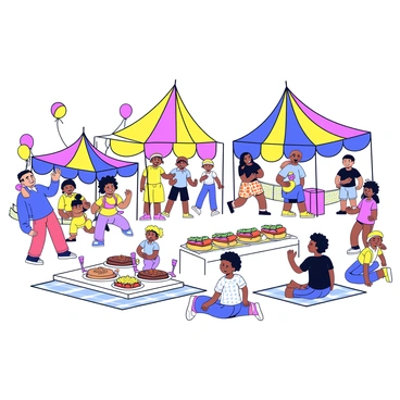 A neighborhood block party is taking place on a sunny day. Several colorful tents are set up, providing shade for the attendees. Families are gathered around engaging in various games, such as a sack race and a ring toss. A food table is filled with platters of burgers, hot dogs, and colorful fruit skewers. Some children are laughing and playing catch with a beach ball. Nearby, a group of friends is enjoying a picnic on a checkered blanket. Balloons in bright colors are tied to the tents, adding a festive touch to the scene.