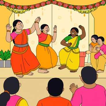A vibrant cultural dance performance taking place at the Upanayanam ceremony. The dancers are dressed in colorful traditional attire, including bright saris and dhotis adorned with intricate patterns. They are performing in front of a decorated backdrop featuring floral garlands and traditional motifs. The dancers are in dynamic poses, with one dancer gracefully lifting their arms, while another is executing a precise footwork. The audience, consisting of family and friends, is seated nearby, watching with smiles and clapping along to the rhythm of the performance. The atmosphere is filled with energy and celebration, capturing the essence of the tradition.