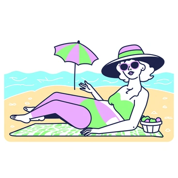 A woman resembling "Marilyn Monroe" is lounging on a beach under bright sunlight. She is wearing a wide-brimmed "hat" that casts a shadow over her face, and stylish "sunglasses" rest on her nose. Her hair is styled in soft waves cascading down her shoulders. The beach is filled with soft, golden sand, and in the background, there are gently rolling waves. A colorful beach towel is spread out beneath her, and a small basket filled with summer fruits sits nearby. A few beach umbrellas dot the landscape around her, adding to the relaxed atmosphere.