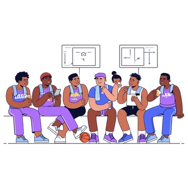 A group of NBA players sitting on the sidelines during a timeout. Each player is wearing a team uniform with distinct colors and logos. They have towels draped around their shoulders. Some players are holding sports bottles, while others are sipping from them. A few players are engaged in conversation, looking at a tablet displaying game strategies. The bench area features a few basketballs and a scoreboard visible in the background.