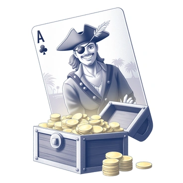 A playing card featuring a pirate character prominently displayed at the center. The pirate has a tricorn hat adorned with a feather and an eyepatch over one eye. He is smiling, revealing a few missing teeth, highlighting his rugged persona. Surrounding him are stacks of gold coins spilling out from an open treasure chest located at his feet. The chest is wooden, with intricate carvings on its surface and a large iron lock. In the background, there are hints of palm trees and a distant ship visible.