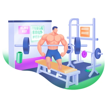 A modern pastel illustration featuring a muscular individual performing hip thrusts with a barbell. The individual is positioned on a padded bench, with their back against the bench and feet firmly planted on the ground. The barbell is placed across their hips, and their legs are bent at the knees. Surrounding the individual is a well-equipped gym, including free weights, a squat rack, and exercise mats. The gym is brightly lit, and there is a motivational poster on the wall in the background.