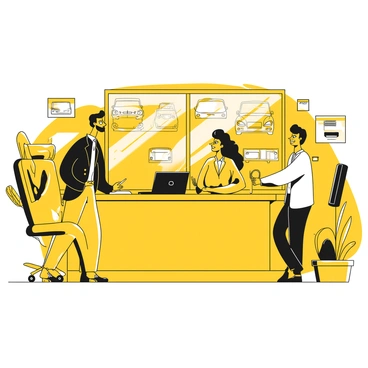 A car salesperson, wearing a suit and a name tag, stands next to a customer sitting at a dealership desk. The salesperson is leaning slightly forward with a friendly smile, gesturing with one hand towards a car brochure on the desk. The customer, looking engaged, is nodding and holding a pen in one hand, with a notepad in front of them. Surrounding them are various car keys, a laptop, and promotional materials showcasing different car models. A large window behind them reveals a line of parked cars outside.