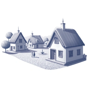 A picturesque English village with thatched-roof cottages and a cobblestone street