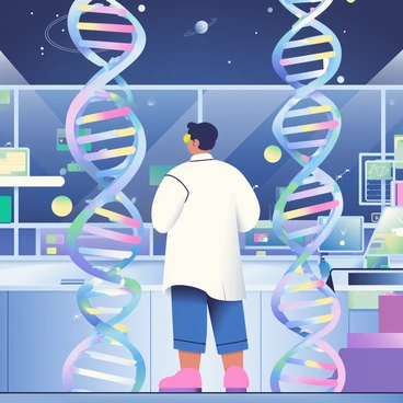 An explorer with short black hair is wearing a white lab coat and safety goggles. They are standing in a futuristic lab filled with advanced scientific equipment. In front of them, towering giant DNA strands made of glowing blue and purple molecules spiral upwards. The lab is illuminated by soft LED lights that highlight the intricate details of the DNA. There are multiple monitors displaying genetic sequences and data graphs behind the explorer. A large window shows a view of a starry night sky, with distant planets visible.