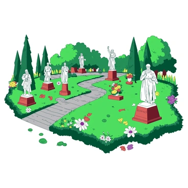 A lush green garden is sprawling across the scene, with neatly trimmed hedges and vibrant flowers blooming in various colors. Scattered throughout the garden are numerous statues, each intricately carved and depicting different heroes in dynamic poses. Among them, some statues are made of white marble, while others are crafted from a reddish stone, creating a striking contrast. Plaques with inscriptions of names and achievements are positioned at the base of each statue, carefully placed on smooth stone pedestals. A winding path made of gray cobblestones leads visitors through the garden, inviting exploration of each memorial. In the background, tall trees provide a natural frame to this serene tribute.