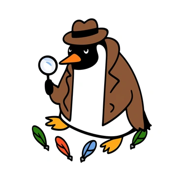 A cartoonish penguin with a black and white body and a round belly is wearing a classic detective outfit, including a brown trench coat and a matching fedora. The penguin is holding a magnifying glass in one flipper, peering down with a curious expression. Around its feet, colorful feathers in various shades of red, blue, yellow, and green are scattered on the ground. The setting is bright and cheerful, enhancing the whimsical nature of the scene.