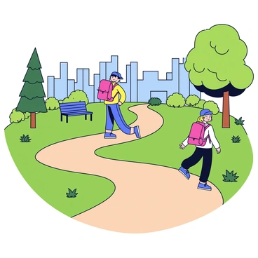 Two hikers walking along a winding dirt trail that cuts through a vibrant urban green space. The trail is lined with lush grass and small bushes. The hikers are wearing bright outdoor gear, including a red backpack and a blue hat. In the background, there are tall trees providing shade, along with a few scattered benches. The skyline of a city can be seen in the distance, contrasting with the greenery around the trail.