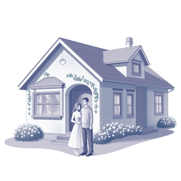 A couple standing together in front of a cottage that features a gabled roof and is adorned with floral decorations and climbing vines. The cottage has a wooden door and several windows with shutters. The couple is smiling, with the woman in a flowing dress and the man in casual attire. Surrounding the cottage, there are various types of flowers blooming in the garden, adding to the scene's enchanting atmosphere. The sky is clear, providing a serene backdrop to the picturesque setting.