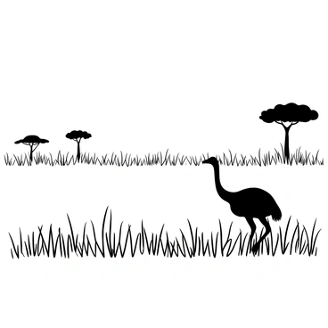 A vast African savanna landscape filled with tall grasses swaying gently in the wind. In the foreground, there is an ostrich standing gracefully among the grasses. Several acacia trees dot the horizon, their distinctive flat tops silhouetted against the open sky. The scene conveys a sense of expansive wilderness.