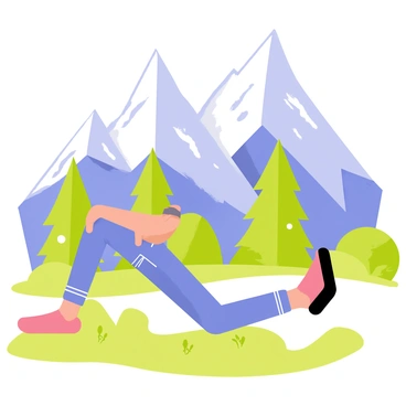 A person performing Russian twists on a grassy surface, with their legs lifted off the ground and arms positioned to the sides. The individual is wearing a fitted workout outfit. In the background, there are tall, rugged mountains with snow-capped peaks under a clear blue sky. The sunlight illuminates the scene, casting soft shadows on the ground, enhancing the details of the mountains. Green trees and shrubs are scattered around, adding to the natural beauty of the environment.
