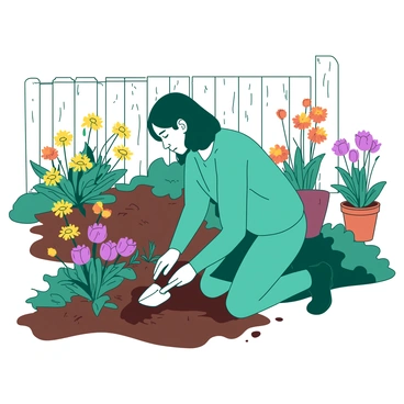 A teal person is kneeling in a vibrant backyard garden filled with various colorful flowers. The flowers include bright yellow daisies, orange marigolds, and pink tulips, creating a vivid scene. The person is carefully planting a small purple flower into the rich brown soil, using a small gardening trowel. In the background, there is a wooden fence painted in white, and a few potted plants are placed nearby, adding to the garden's lively atmosphere.