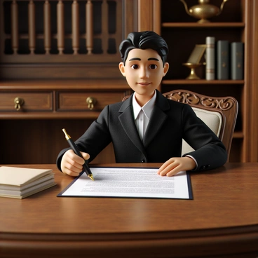 A person with medium skin tone is sitting at an ornate wooden table, which has intricate carvings and a polished surface. They are holding a fancy fountain pen, which has a sleek black body with a gold nib. The person is focused on a contract laid out before them, with their other hand resting on the table. The setting includes a soft, warm light that highlights the details of the pen and the rich texture of the wood. The background features subtle hints of luxury, such as a plush chair and decorative books on a nearby shelf.