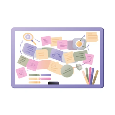 A digital flat illustration featuring a colorful customer journey map prominently displayed on a whiteboard. The map is filled with vibrant sections, each representing different stages of the customer experience. There are arrows connecting each stage, indicating flow and progression. Various icons are used to symbolize key actions, such as a magnifying glass for research, a shopping cart for purchasing, and a phone for customer support. Sticky notes in bright colors surround the map, each containing brief annotations. A set of markers in assorted colors is arranged on the bottom of the whiteboard, and the whiteboard itself is mounted on a light-colored wall.
