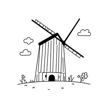 An old windmill with a weathered wooden exterior stands on a grassy hill. Its blades are turning gently in the breeze, creating a sense of motion. The sky above is clear, with fluffy clouds scattered throughout. The sun is shining brightly, casting shadows on the ground. In the foreground, wildflowers are blooming, adding texture to the landscape around the windmill.