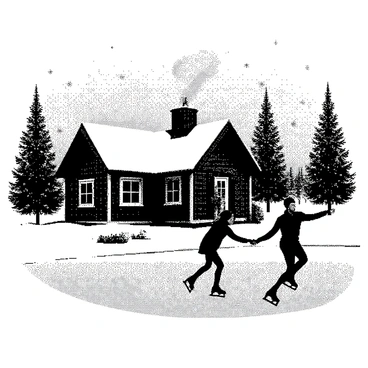 A cozy cabin is set in a snowy landscape, with smoke gently rising from its chimney. Snowflakes are falling softly around the scene, each one intricately detailed. In the foreground, two ice skaters are gliding gracefully across a frozen pond, their movements fluid and elegant. The cabin is adorned with holiday decorations, including a wreath on the door and strings of lights around the windows. The overall atmosphere depicts a joyful winter celebration.