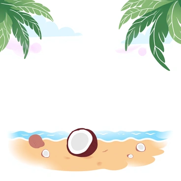A sunny beach scene with coconuts scattered on the sand near the shoreline