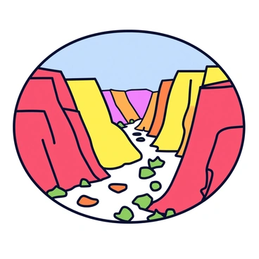 A canyon with steep, jagged cliffs showcasing layers of colors such as red, orange, and yellow. The canyon's floor is dotted with small rocks and patches of green vegetation. The horizon features a gradient of colors as the sky transitions from light blue to deeper hues. The scene captures the vastness of the canyon, emphasizing its layered texture and the contrast between the rocky surfaces and the sky above.
