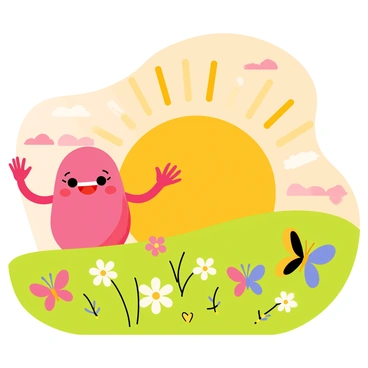 A bright sunrise scene featuring a cartoon-style ovary character. The ovary character has a wide smile and arms raised in a joyful greeting. The background showcases a vibrant sky filled with shades of orange, pink, and yellow as the sun rises above the horizon. Soft, fluffy clouds float gently in the background. Below, a green landscape is illuminated by the sunlight, filled with colorful flowers and cheerful butterflies fluttering around. The scene captures the essence of a new day filled with positivity.