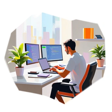 A software developer coding on a computer in a tech office filled with gadgets and screens