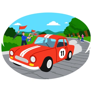 A classic rally car with a shiny red exterior and white racing stripes is speeding down a cobblestone road. The car features round headlights and large, sporty tires that kick up dust as it zooms past. Surrounding the road are lush green trees and cheering spectators waving vintage flags, creating an atmosphere of excitement. The cobblestones are uneven and glistening in the sunlight, contrasting with the polished surface of the car. In the background, there are distant hills under a clear blue sky.