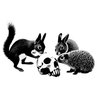 A group of small animals, including a squirrel, a rabbit, and a hedgehog, are gathered around a cat skull on the ground. The squirrel is standing on its hind legs, reaching out with its tiny paws, while the rabbit is crouched down, sniffing the skull curiously. The hedgehog is rolled into a ball nearby, peeking out with one eye. The scene captures their interest and curiosity as they investigate this unusual object in their environment.