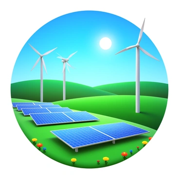 A picturesque landscape featuring solar panels arranged in rows on green fields. Nearby, several wind turbines stand tall, their blades rotating gently in the breeze. The sky is clear and bright, with a vibrant blue color, and the sun shines down on the scene, casting soft shadows on the ground. The foreground includes patches of wildflowers, adding splashes of color to the greenery. In the distance, rolling hills create a gentle backdrop to the renewable energy sources.