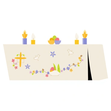 An altar draped with a white cloth that has intricate embroidered symbols of Easter. The cloth features vibrant crosses in shades of gold and purple, alongside elegant doves in soft white. The altar is adorned with blooming flowers in various colors, including lilies and tulips, arranged neatly on its surface. Candles with soft glowing flames are placed symmetrically on either side of the altar, enhancing the serene atmosphere. A small decorative bowl holds colorful Easter eggs, adding a festive touch to the scene.