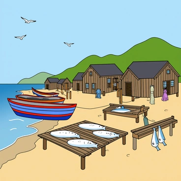 A small ancient fishing village with weathered wooden houses clustered along a sandy shore. Traditional fishing boats are moored at the water's edge, their hulls painted in vibrant shades of blue and red. Nearby, several fish are laid out on wooden racks, glistening in the sunlight as they dry. The sea is calm and a few seagulls can be seen soaring above, while fishing nets are scattered around, draped over posts and hanging from hooks. In the background, lush green hills rise against a clear blue sky, completing the picturesque scene.