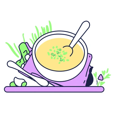 A warm bowl of creamy chestnut soup sits on a wooden table. The soup has a smooth texture and a rich consistency. It is garnished with small, finely chopped green herbs sprinkled on top. A spoon rests beside the bowl, glinting in the light. The background features a subtle arrangement of rustic kitchen elements, enhancing the cozy atmosphere of the scene.