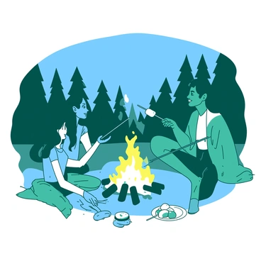 A teal character with long black hair, dressed in a stylish outfit, is roasting a marshmallow on a long stick over a crackling white campfire. The fire emits warm light, casting soft shadows in the surrounding area. Sitting around the campfire are several friends, each engaged in animated conversation, with smiles on their faces. The background consists of tall trees silhouetted against a twilight sky, creating a cozy atmosphere. A few more marshmallows are placed on a small white plate on the ground near the characters.