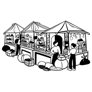 A bustling Carthaginian marketplace filled with numerous stalls. Each stall is laden with various spices, arranged in decorative containers. Vendors are engaging with customers, showcasing their goods. Several large sacks of spices are placed on the ground beside the stalls. The atmosphere is lively as people move through the market, examining items and making purchases. Intricate designs and patterns adorn the fabrics of the stall canopies, enhancing the vibrant scene of commerce.