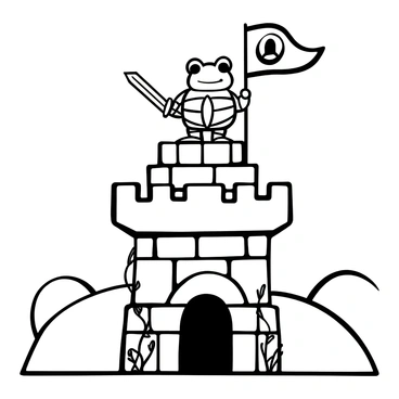 A brave frog wearing a tiny suit of armor stands proudly on a castle turret. The turret is made of large, rough stones stacked together, creating a sturdy structure. The frog is holding a small wooden sword, with its armor reflecting the light of the sun. Vines are creeping up the sides of the turret, adding a touch of nature to the scene. In the background, a distant landscape with rolling hills is visible. A flag flutters atop the turret, with a simple emblem embossed on it.
