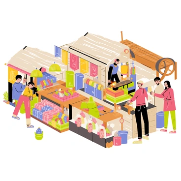 A lively medieval market scene bustling with activity. Numerous vendors are set up in stalls displaying a variety of colorful goods. Brightly colored fabrics are hanging from one stall, while another features piles of fresh fruits and vegetables in vibrant hues. A blacksmith can be seen working at his forge, with glowing metal and tools scattered around. Shoppers in period-appropriate clothing are interacting with the vendors, some inspecting goods while others are exchanging coins. In the background, a brick building and a large wooden cart add to the lively atmosphere of the market.