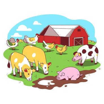 A yellow farm scene filled with cartoon animals is set under a clear blue sky. In the foreground, there are three happy cows with white spots grazing on green grass. Nearby, a group of cheerful chickens is pecking at the ground, their feathers a mix of vibrant colors. To the side, two playful pink pigs are rolling in the mud, clearly enjoying their time in the sun. In the background, a simple red barn stands, completing the joyful atmosphere of this sunny day on the farm.