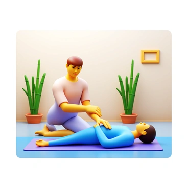 A practitioner performing shiatsu techniques on a client in a tranquil studio. The practitioner is dressed in comfortable attire, with focused expressions, applying pressure with their hands. The studio features soft lighting and natural elements, including bamboo plants and wooden decor. A yoga mat is on the floor, and calming music is softly playing in the background. The atmosphere is serene, enhancing the relaxation experience.