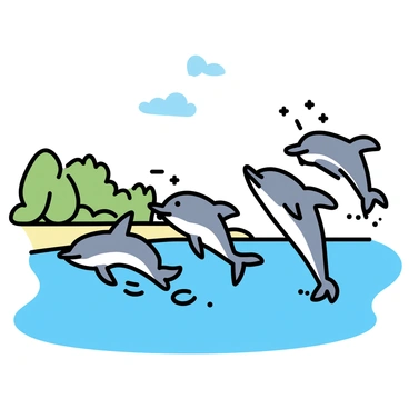 A group of dolphins, with smooth, sleek bodies glistening in the sunlight, are jumping through the blue waves of the ocean. The water splashes around them, creating droplets that catch the light. In the background, the shores of Neverland are visible, featuring soft, sandy beaches and lush greenery. The sky is clear with a few fluffy clouds scattered above, enhancing the vibrant atmosphere of the scene.