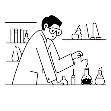 A scientist wearing a lab coat and safety goggles is standing at a lab bench. The lab bench is cluttered with various glassware, including beakers and test tubes. The scientist is leaning slightly forward, intently observing a chemical reaction taking place in a flask, which is bubbling and emitting vapor. The background features shelves filled with scientific books and additional equipment. The scientist has short hair and is holding a stirring rod in one hand, while their other hand is resting on the bench.