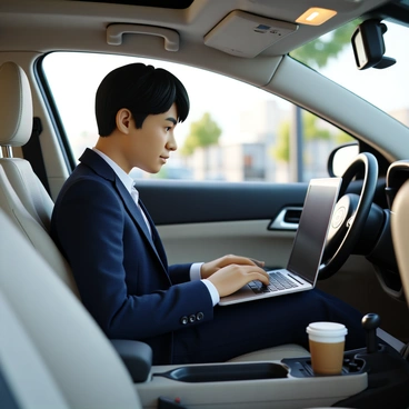 A professional with short black hair, wearing a navy blue suit and a white shirt, is focused on working on a sleek silver laptop. They are seated inside a white car with leather seats and a modern dashboard. The car’s windows are slightly tinted, allowing soft natural light to illuminate the interior. The setting suggests a busy urban environment outside, with blurred outlines of buildings and trees visible through the windshield. A coffee cup sits in the cup holder next to the laptop, indicating a purposeful commute.