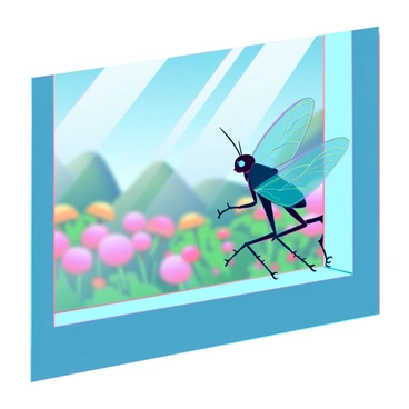 A small insect with iridescent green wings is struggling to climb up the transparent glass of a window. Its legs are gripping the surface tightly as it pushes against the frame with determination. Sunlight is streaming through the window, illuminating the insect's delicate features and casting soft shadows on the ledge below. Outside the window, a blurred view of a vibrant garden is visible, filled with colorful flowers and lush greenery, contrasting with the interior's clean lines and cool tones.