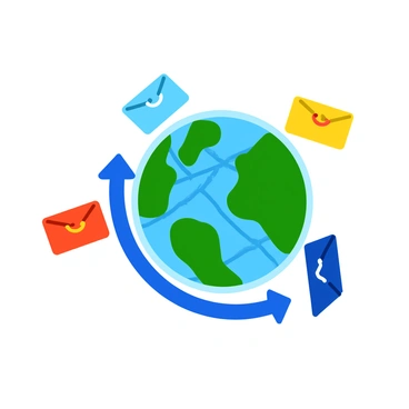 A vibrant cartoon globe with bright blue oceans and green landmasses is at the center of the image. Surrounding the globe are colorful envelopes of various sizes and hues, including red, yellow, and blue, all appearing to float in the air. Each envelope has a small, cheerful expression on it, giving them character. The globe features a simple grid pattern with latitude and longitude lines. The entire scene conveys a sense of connection and communication on a global scale.