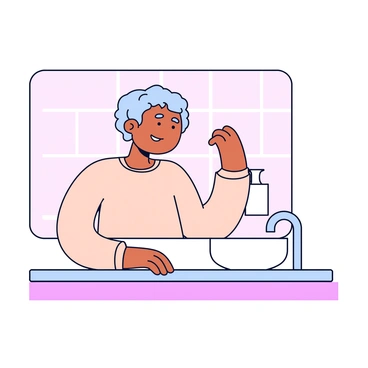 A cancer patient with a gentle smile is standing in front of a bathroom mirror. The patient has short, soft, healthy hair starting to grow back in patches. They are wearing a light-colored, comfortable shirt. The bathroom is well-lit, with a simple white sink and pale tiles in the background. The patient is gently touching their hair with one hand, while their other hand is resting on the edge of the sink.