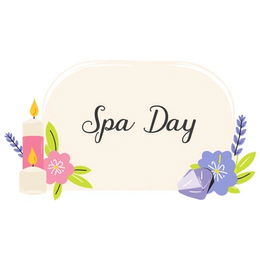 A spa day invitation featuring a soft pastel background. The invitation has elegant, flowing script that reads "Spa Day Invitation" in the center. Surrounding the text are several flickering candles with warm light, casting a gentle glow. There are vibrant flowers, such as lavender and eucalyptus, artistically arranged in the corners. A shimmering healing crystal is positioned delicately next to the flowers, reflecting light and adding an essence of tranquility.