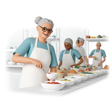 An elderly volunteer serving food at a local community kitchen