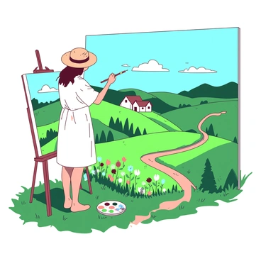 An artist is standing on a grassy hillside, holding a brush and painting a scenic landscape on a large canvas. The artist is wearing a white smock and a straw hat, with paint splatters on both. In front of them, the canvas captures rolling green hills under a clear blue sky. There are a few scattered white clouds floating above. A winding dirt path leads through the vibrant fields filled with wildflowers in various colors. Nearby, an easel holds the canvas steady, and a small palette with several colors sits on the ground beside the artist. In the distance, a quaint farmhouse can be seen nestled among the trees.